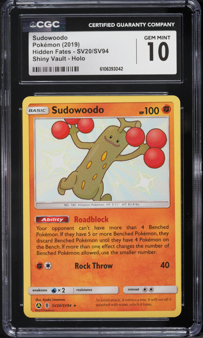 2019 Pokemon Sun & Moon Hidden Fates Shiny Sudowoodo #SV20 CGC 10 GEM MINT