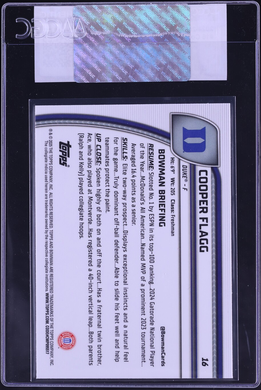 2024 Bowman Chrome University Cooper Flagg ROOKIE #16 CGC AUTH