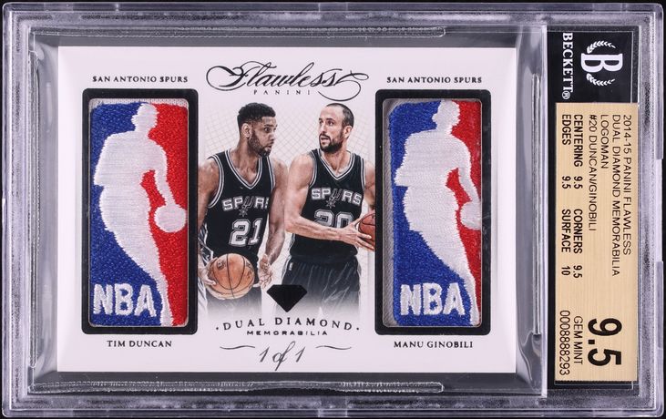 2014 Flawless Dual Diamond Tim Duncan & Manu Ginobili LOGOMAN PATCH 1/1 BGS 9.5