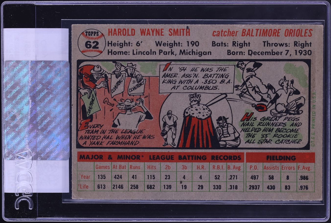 1956 Topps Hal Smith GRAY BACK #62 CGC AUTH