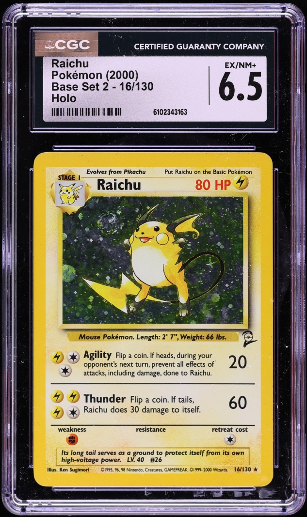 2000 Pokemon Base Set 2 Holo Raichu #16 CGC 6.5 EXMT+