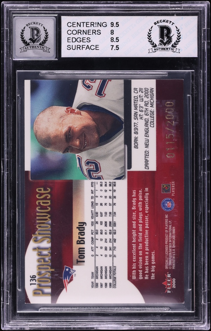 2000 Fleer Showcase Tom Brady ROOKIE AUTO /2000 #136 BAS BGS 8 NM-MT