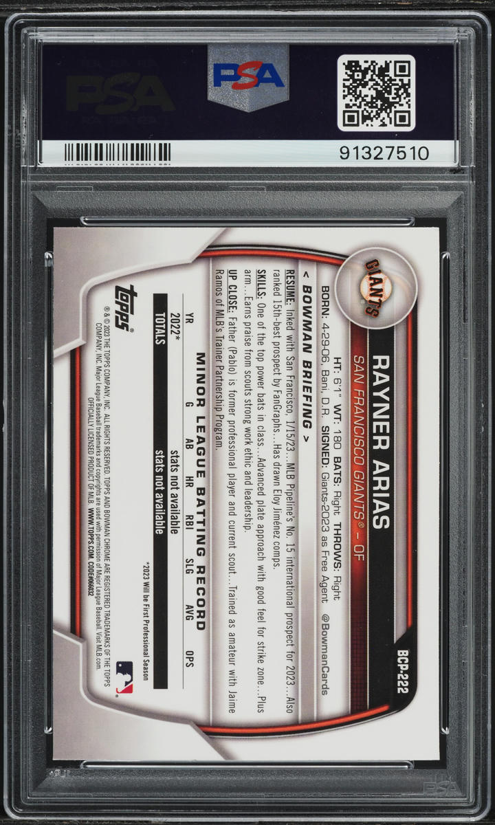 2023 Bowman Chrome Mega Box Rayner Arias PROSPECT #222 PSA 10 GEM MINT