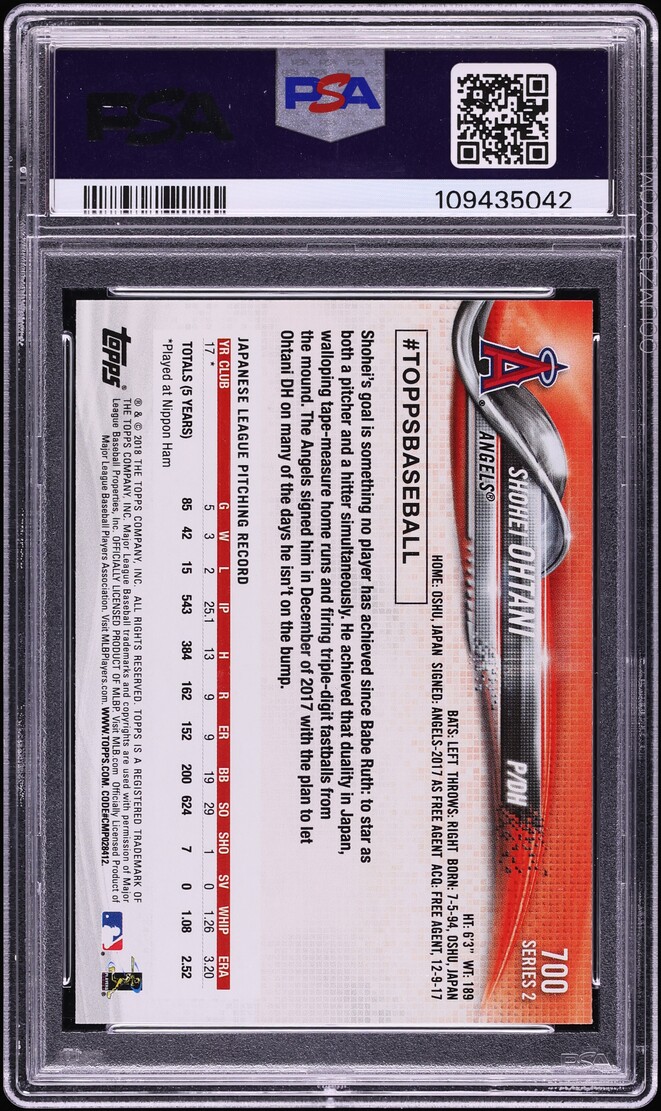 2018 Topps With Bat Shohei Ohtani ROOKIE #700 PSA 8 NM-MT