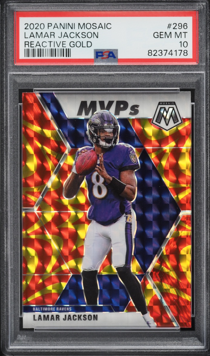 2020 Panini Mosaic Reactive Gold Lamar Jackson #296 PSA 10 GEM MINT