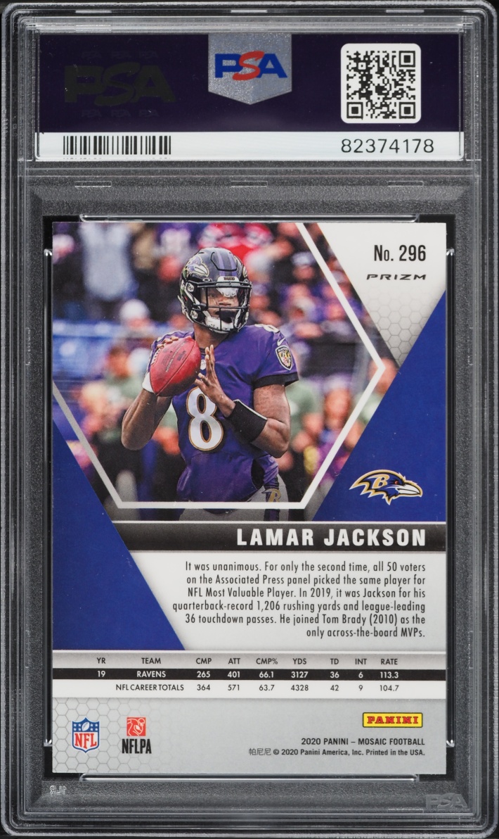 2020 Panini Mosaic Reactive Gold Lamar Jackson #296 PSA 10 GEM MINT