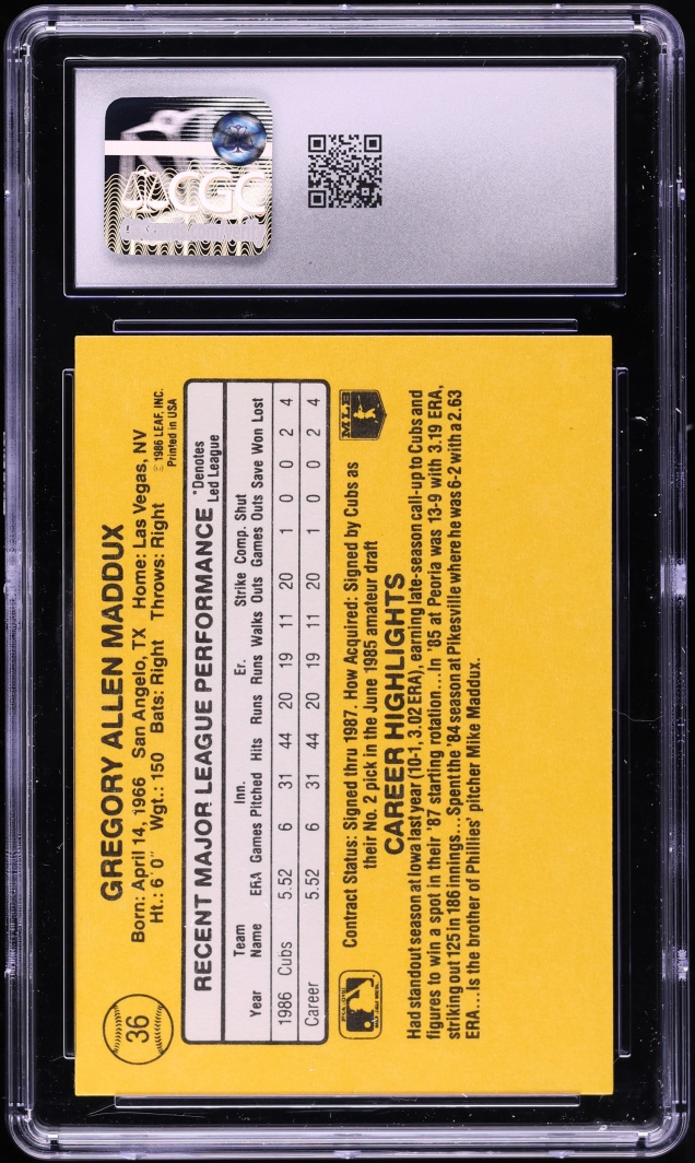 1987 Donruss Greg Maddux ROOKIE #36 CGC 9 MINT