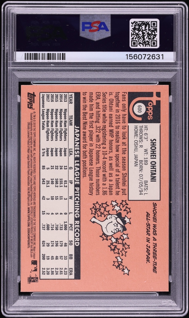 2018 Topps Heritage Shohei Ohtani ROOKIE #600 PSA 10 GEM MINT