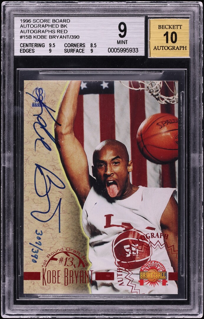 1996 Score Board Basketball Red Kobe Bryant ROOKIE AUTO /390 #15 BAS BGS 9 MINT