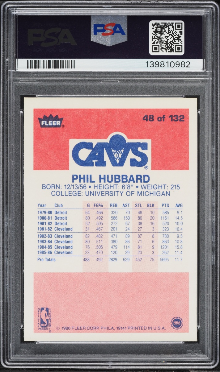 1986 Fleer Basketball Phil Hubbard #48 PSA 8.5 NM-MT+