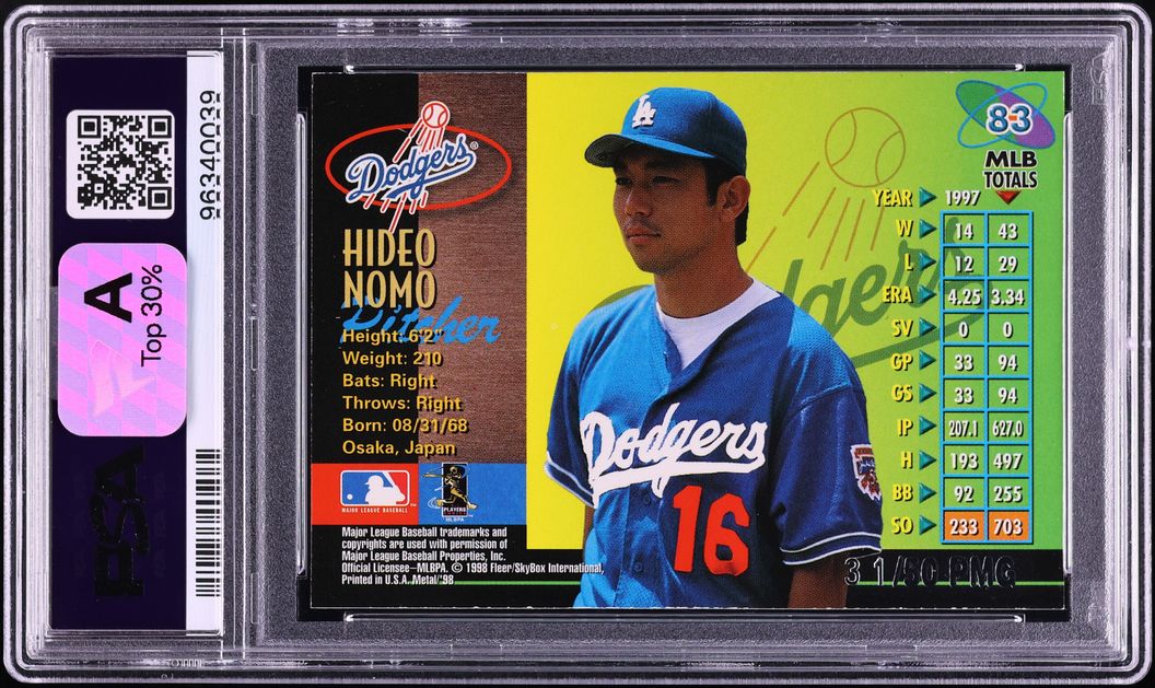 1998 Metal Universe Precious Metal Gems PMG Hideo Nomo /50 #83 PSA 7 NRMT