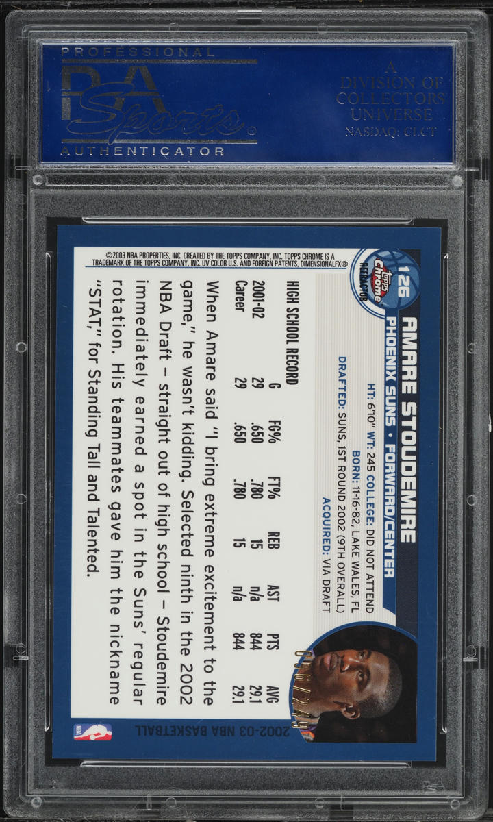2002 Topps Chrome White Refractor Amare Stoudemire ROOKIE /249 #126 PSA 10 GEM