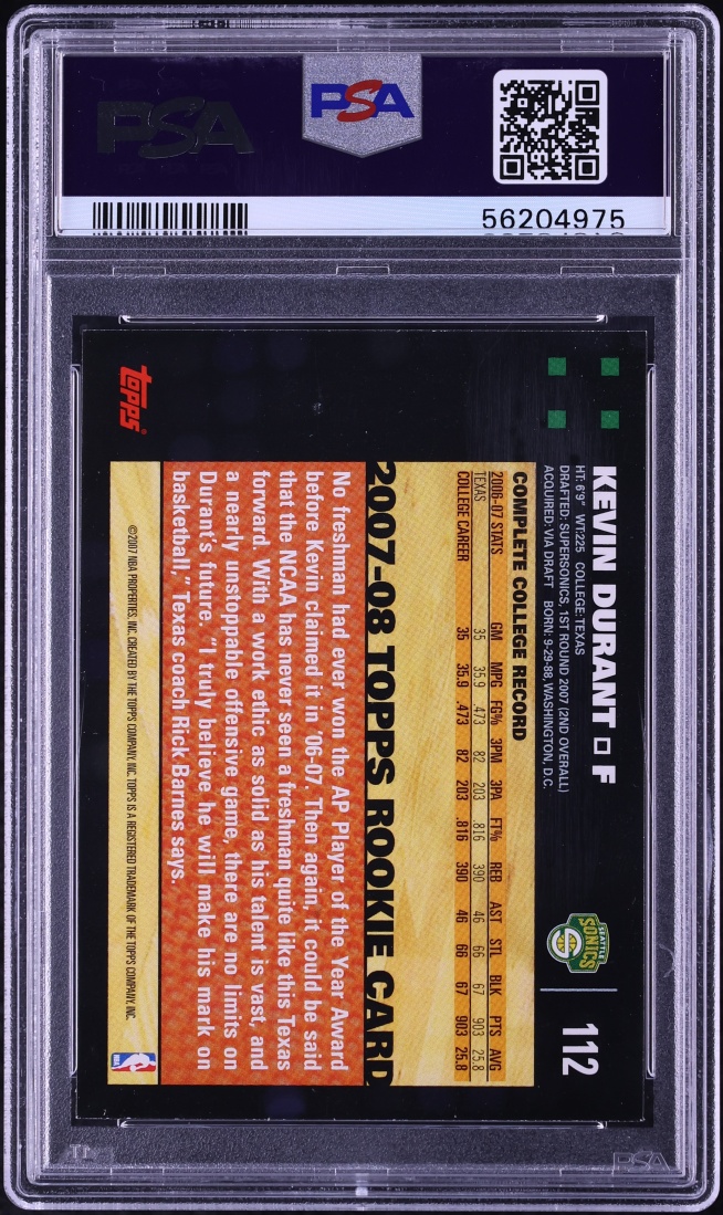 2007 Topps Basketball Kevin Durant ROOKIE #112 PSA 7 NRMT
