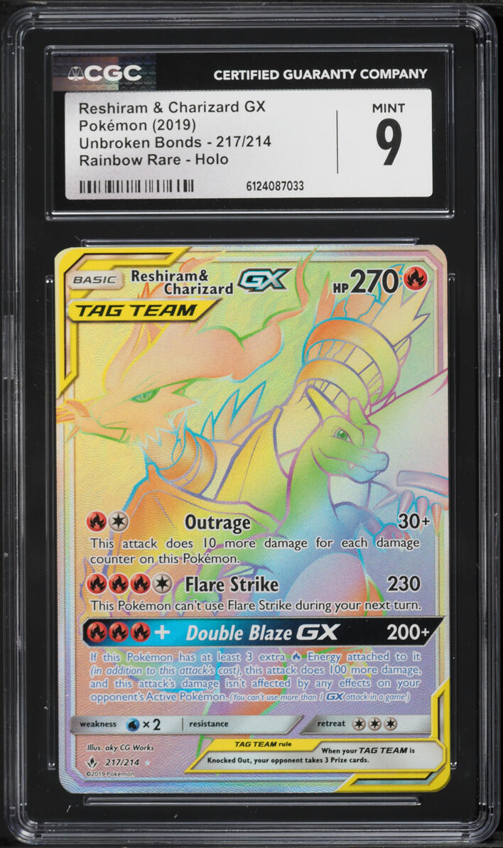 2019 Pokemon Sun & Moon Unbroken Bonds Rainbow Rare Reshiram & Charizard GX #217 CGC 9 MINT