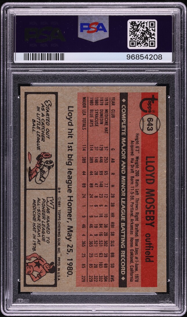 1981 Topps Lloyd Moseby #643 PSA 8 NM-MT