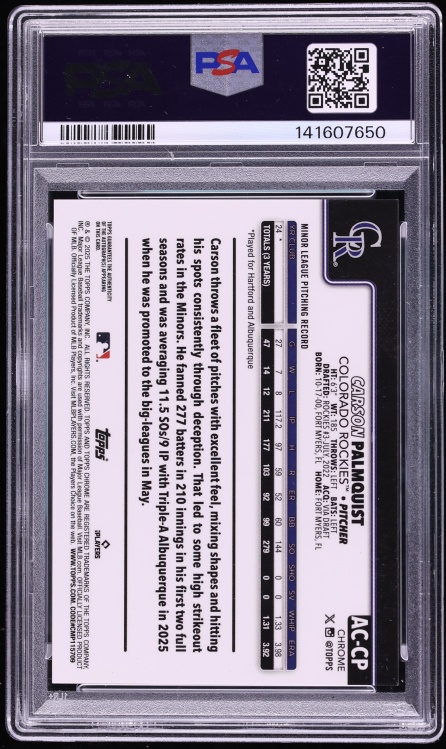 2025 Topps Chrome Update Purple Speckle Carson Palmquist ROOKIE AUTO /299 #AC-CP PSA 10 GEM