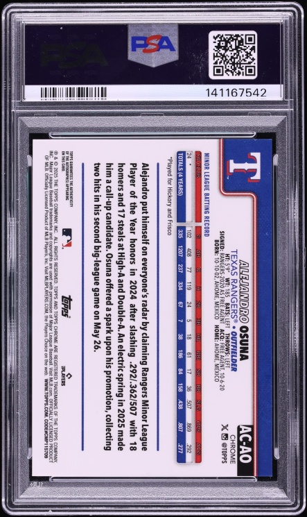 2025 Topps Chrome Update Purple Speckle Alejandro Osuna ROOKIE AUTO /299 #AC-AO PSA 10 GEM MINT