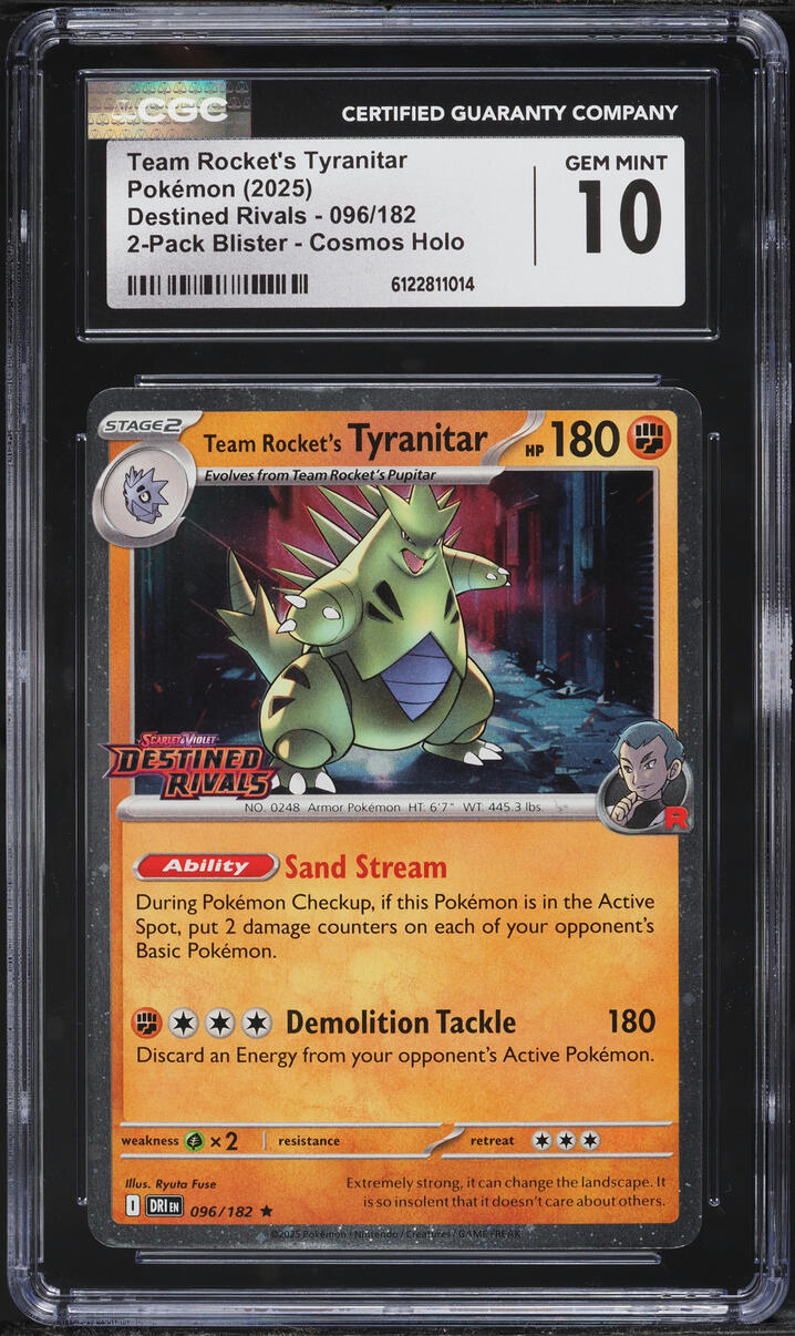 2025 Pokemon SV Destined Rivals Cosmos Holo Team Rocket's Tyranitar #96 CGC 10 GEM MINT