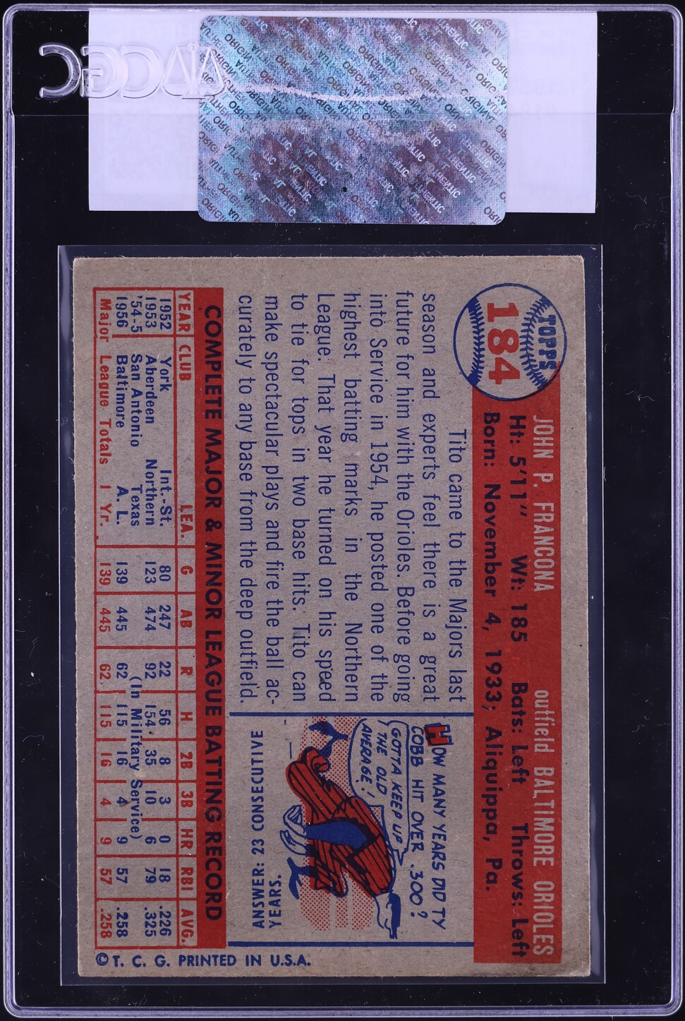 1957 Topps Tito Francona #184 CGC AUTH