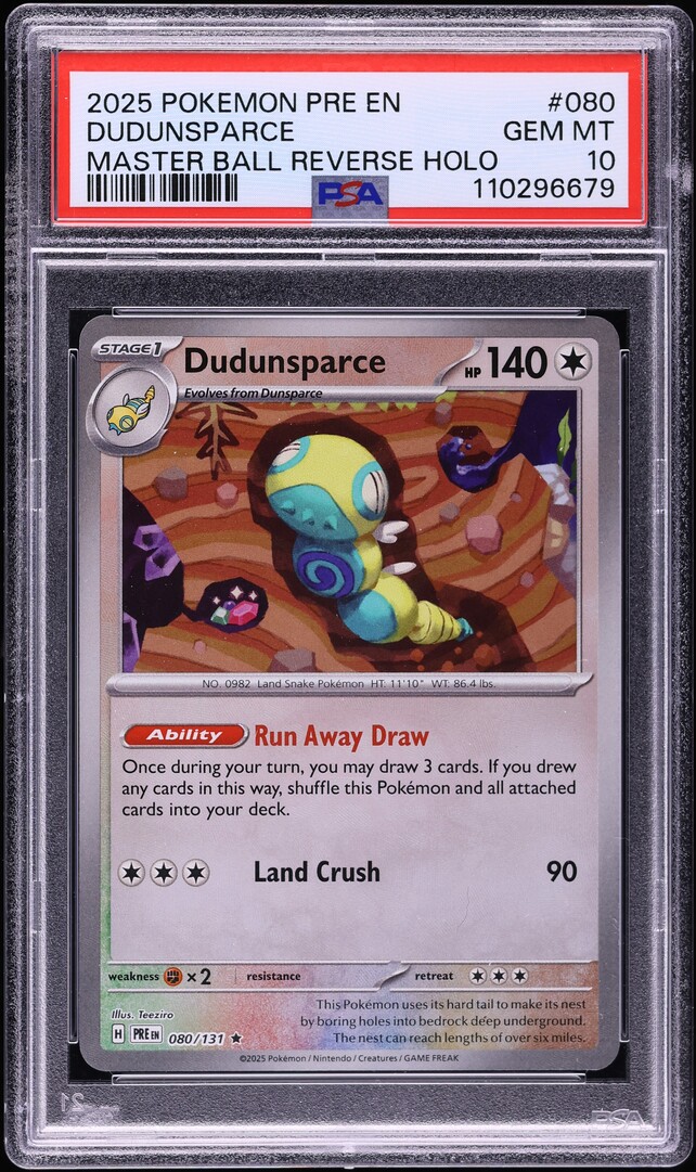 2025 Pokemon SV Prismatic Evolutions Master Ball Holo Dudunsparce #80 PSA 10 GEM