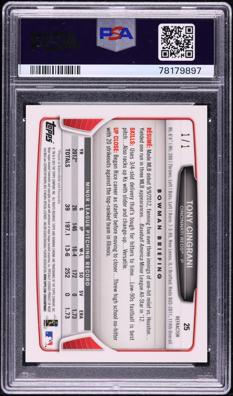 2013 Bowman Chrome Draft Picks Superfractor Tony Cingrani ROOKIE 1/1 #25 PSA 9 MINT