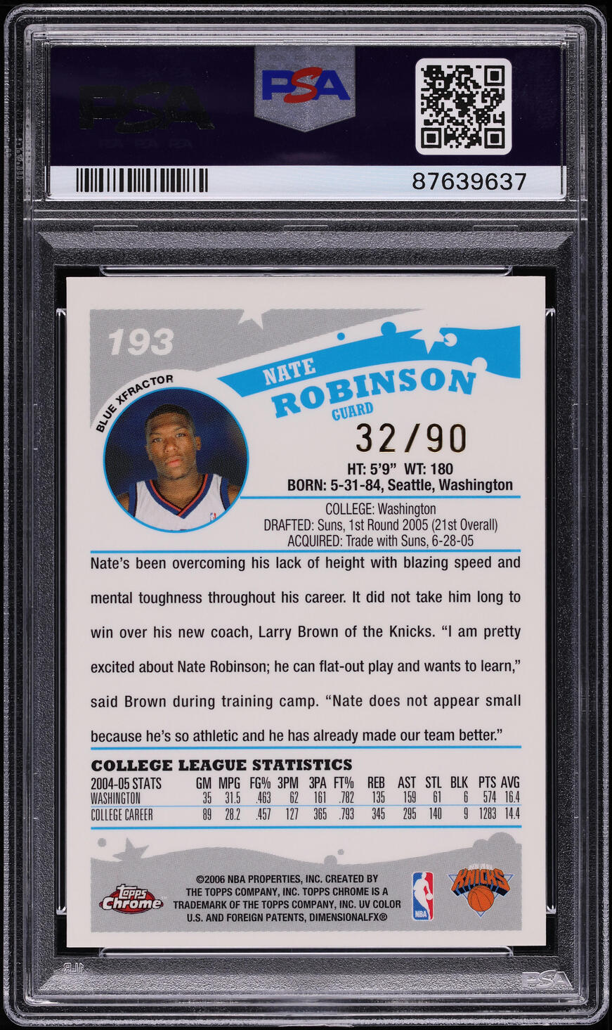 2005 Topps Chrome Blue Xfractor Nate Robinson ROOKIE /90 #193 PSA 10 GEM MINT