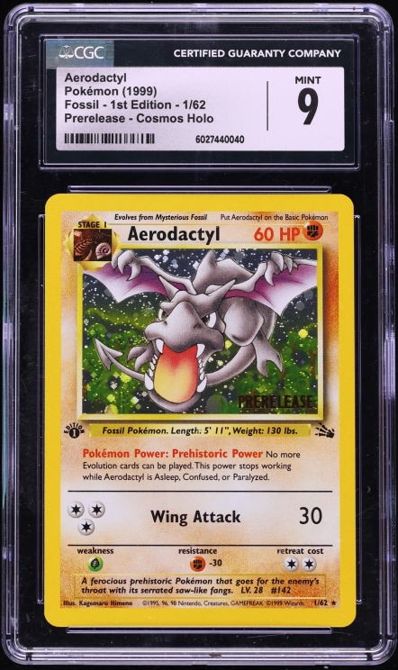 1999 Pokemon Fossil 1st Edition Prerelease Cosmos Holo Aerodactyl #1 CGC 9 MINT