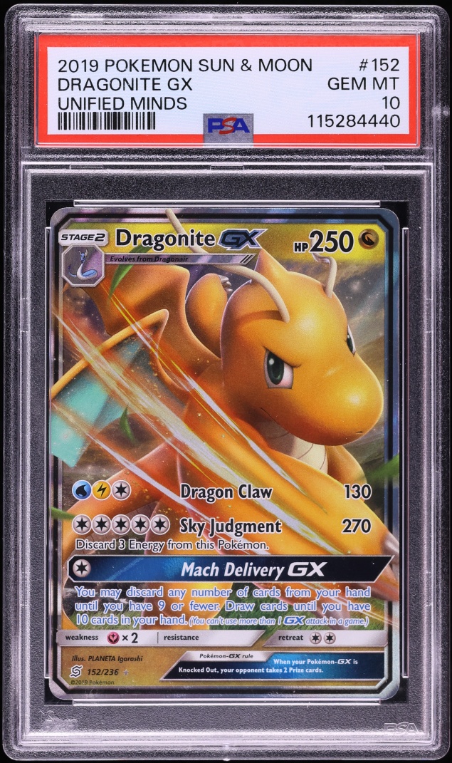 2019 Pokemon Sun & Moon Unified Minds Dragonite GX #152 PSA 10 GEM MINT