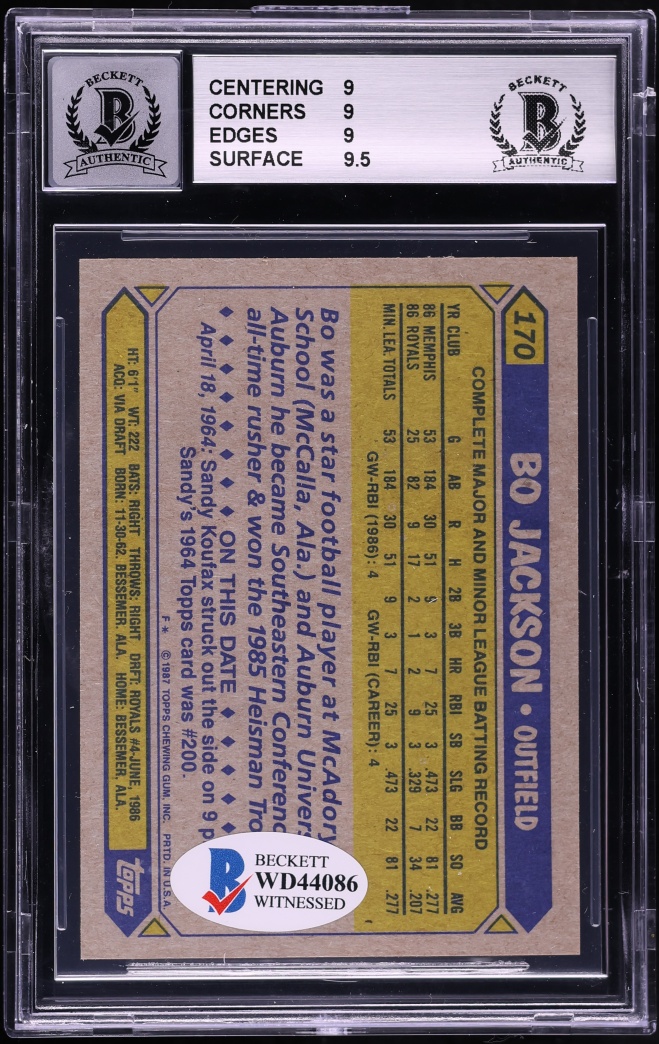 1987 Topps Bo Jackson ROOKIE AUTO #170 BAS BGS 9 MINT