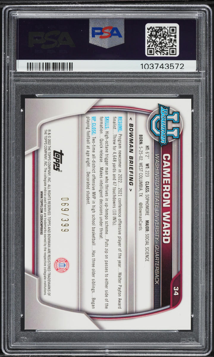 2022 Bowman Chrome U Purple Mini Diamond Refractor Cameron Ward RC /399 PSA 10