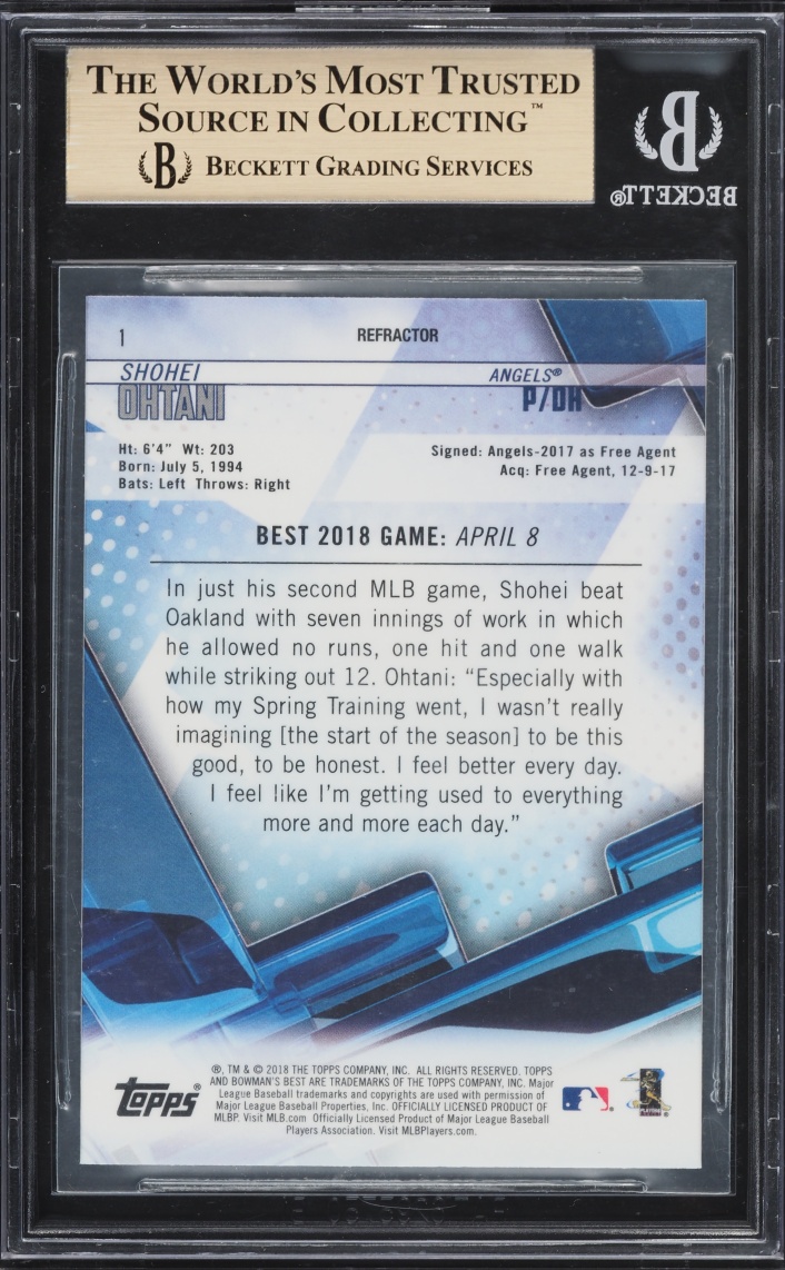 2018 Bowman's Best Refractor Shohei Ohtani ROOKIE #1 BGS 10 PRISTINE