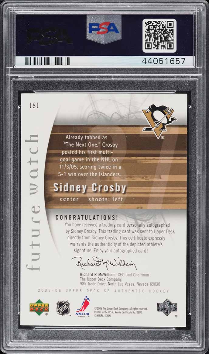 2005 SP Authentic Sidney Crosby ROOKIE AUTO /999 #181 PSA 9 MINT