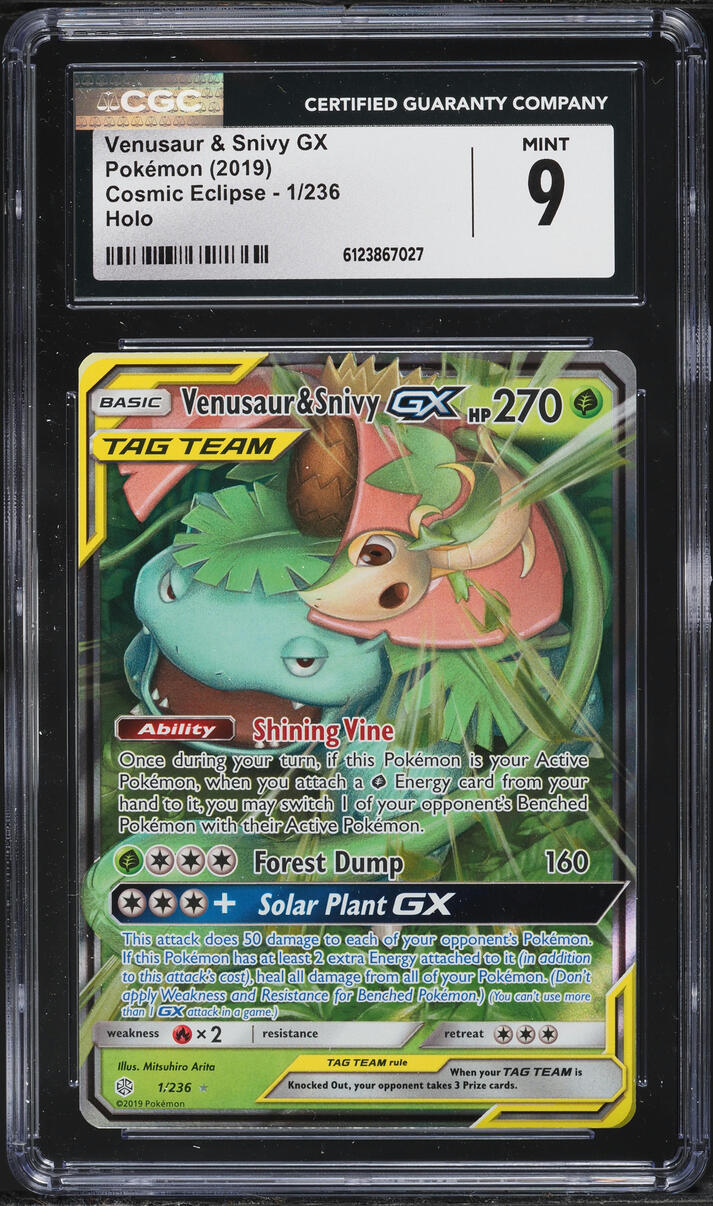 2019 Pokemon Sun & Moon Cosmic Eclipse Venusaur & Snivy GX #1 CGC 9 MINT