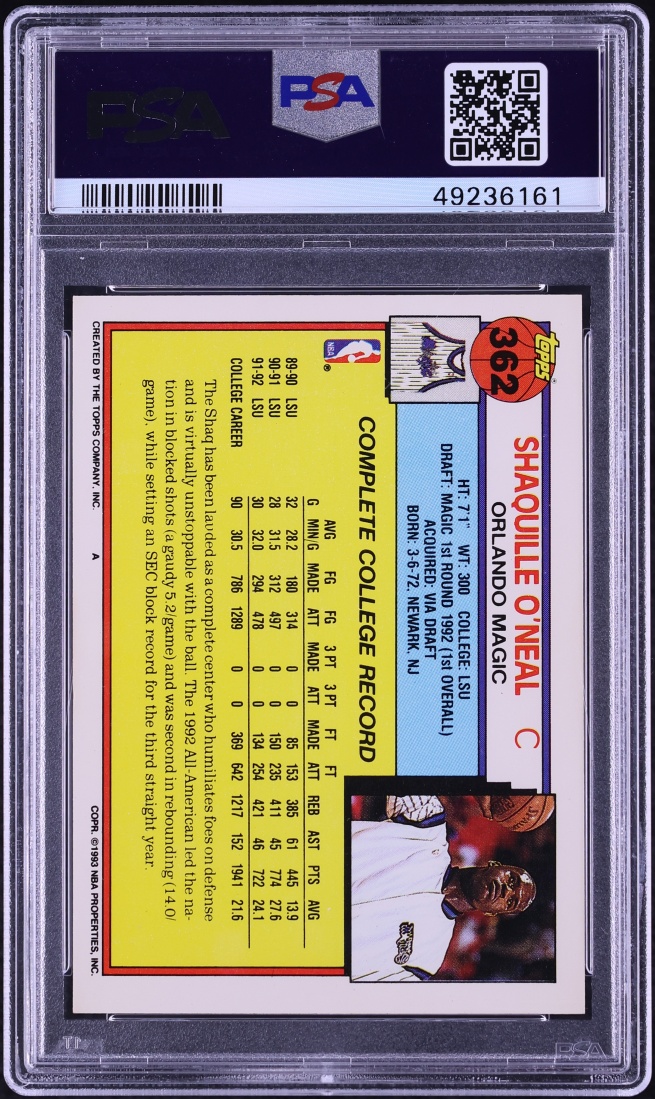 1992 Topps Basketball Shaquille O'Neal ROOKIE #362 PSA 6 EXMT