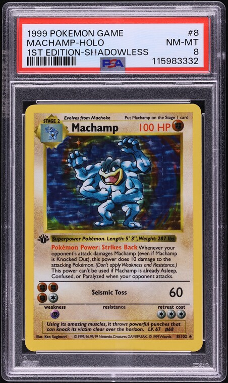 1999 Pokemon Base Set Shadowless 1st Edition Holo Machamp #8 PSA 8 NM-MT