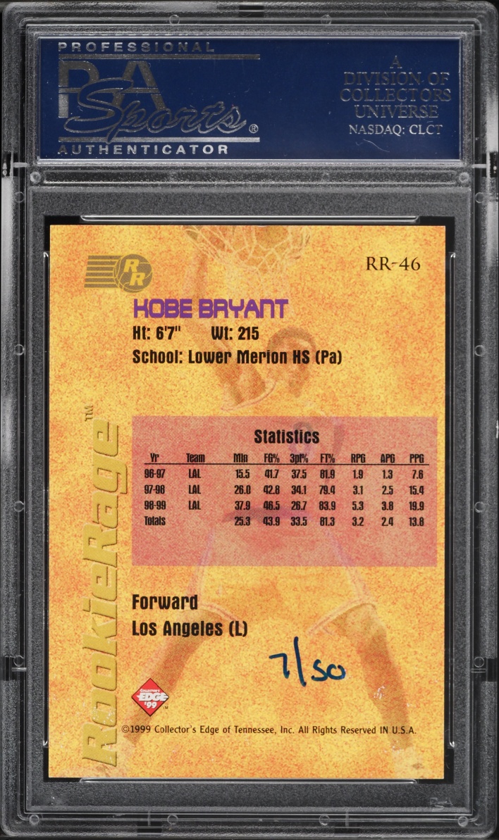 1999 Collector's Edge Rookie Rage HoloGold Kobe Bryant /50 #RR-46 PSA 9 MINT - Photo 2