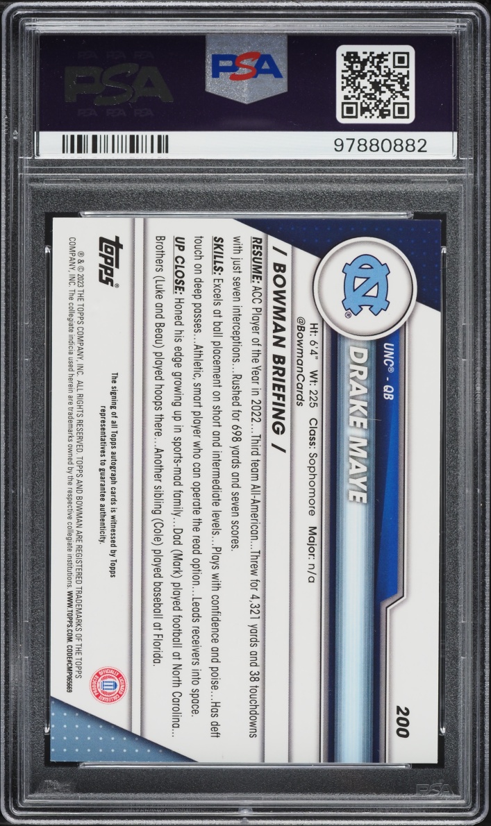 2023 Bowman University Chrome Drake Maye ROOKIE AUTO DNA 10 #200 PSA 9 MINT