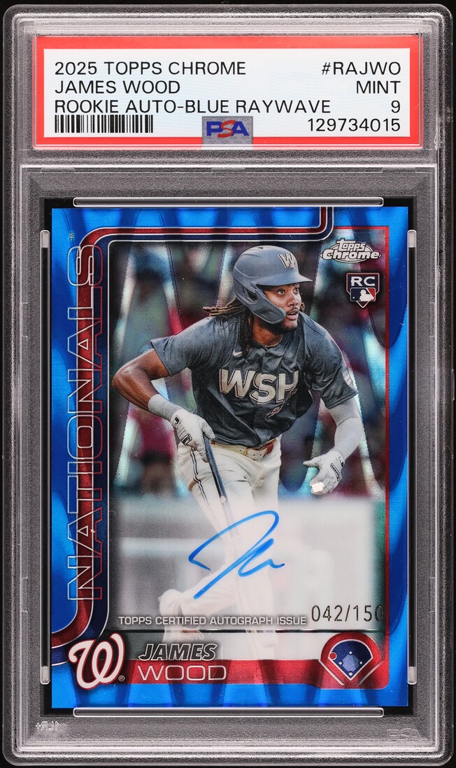 2025 Topps Chrome Blue Raywave James Wood ROOKIE AUTO /150 #RAJWO PSA 9 MINT