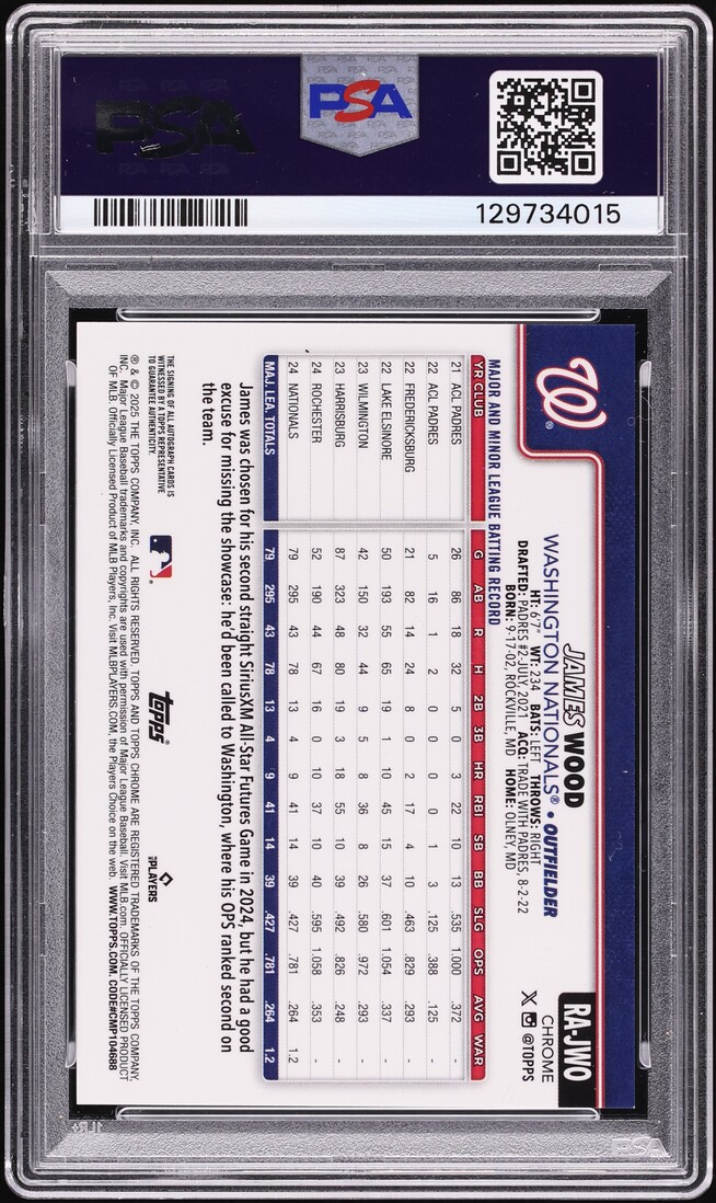 2025 Topps Chrome Blue Raywave James Wood ROOKIE AUTO /150 #RAJWO PSA 9 MINT