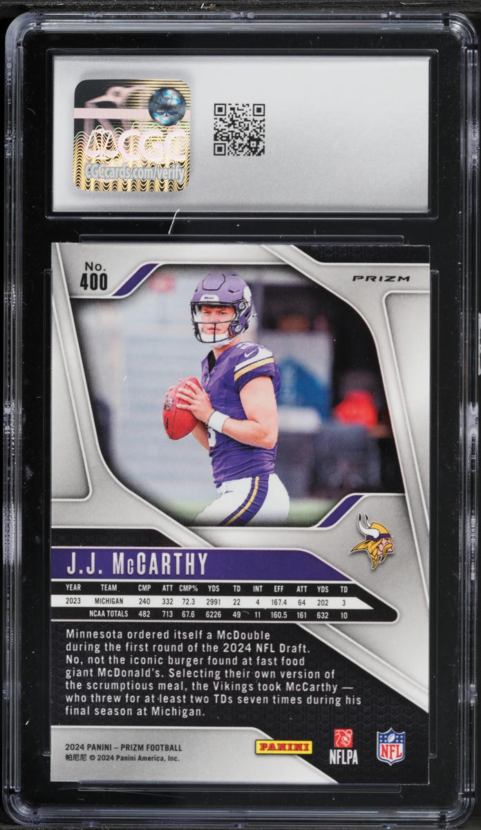 2024 Panini Prizm Lazer J.J. McCarthy ROOKIE #400 CGC 10 GEM MINT