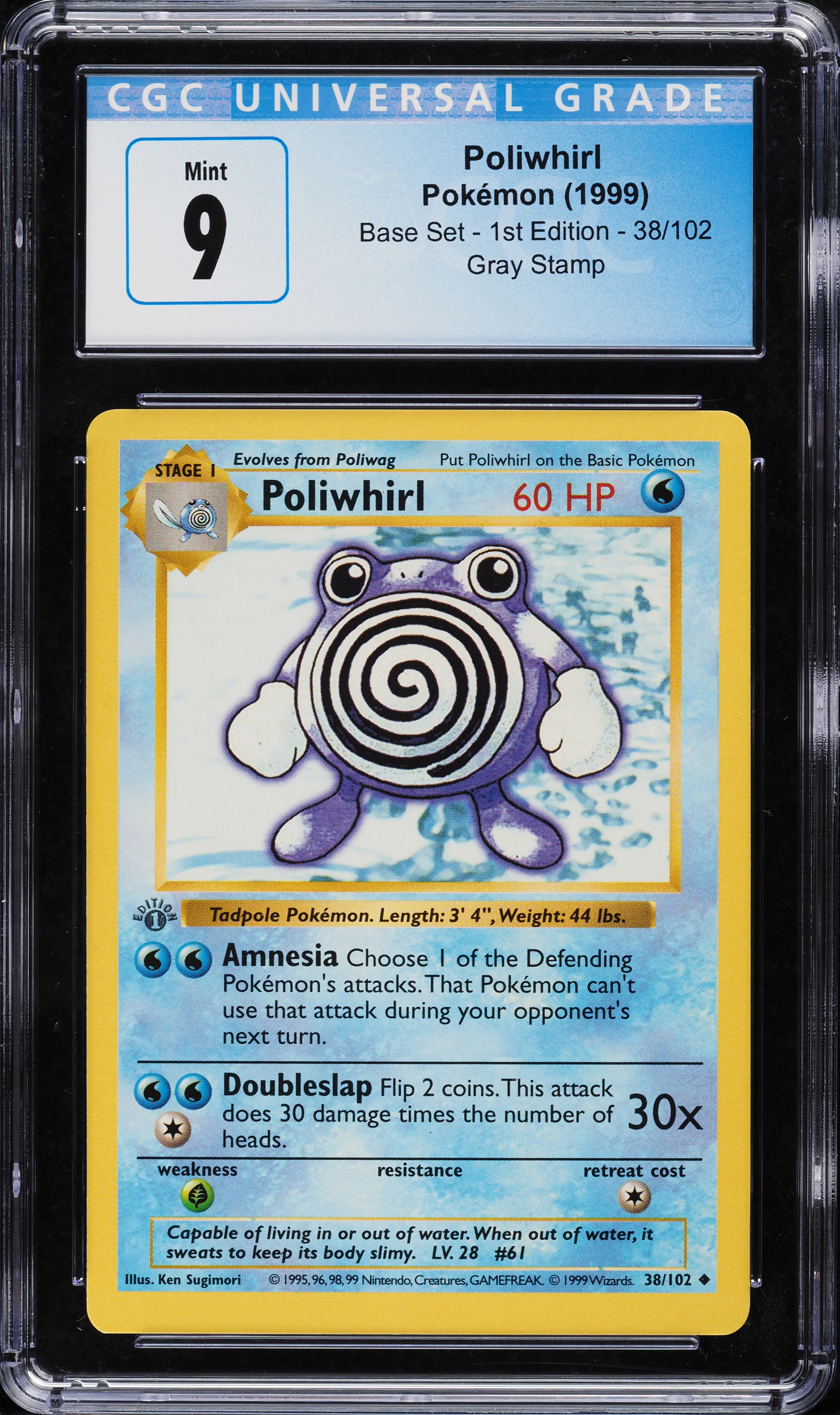 1999 Pokemon Base Set Shadowless 1st Edition Gray Stamp Poliwhirl #38 CGC 9 MINT