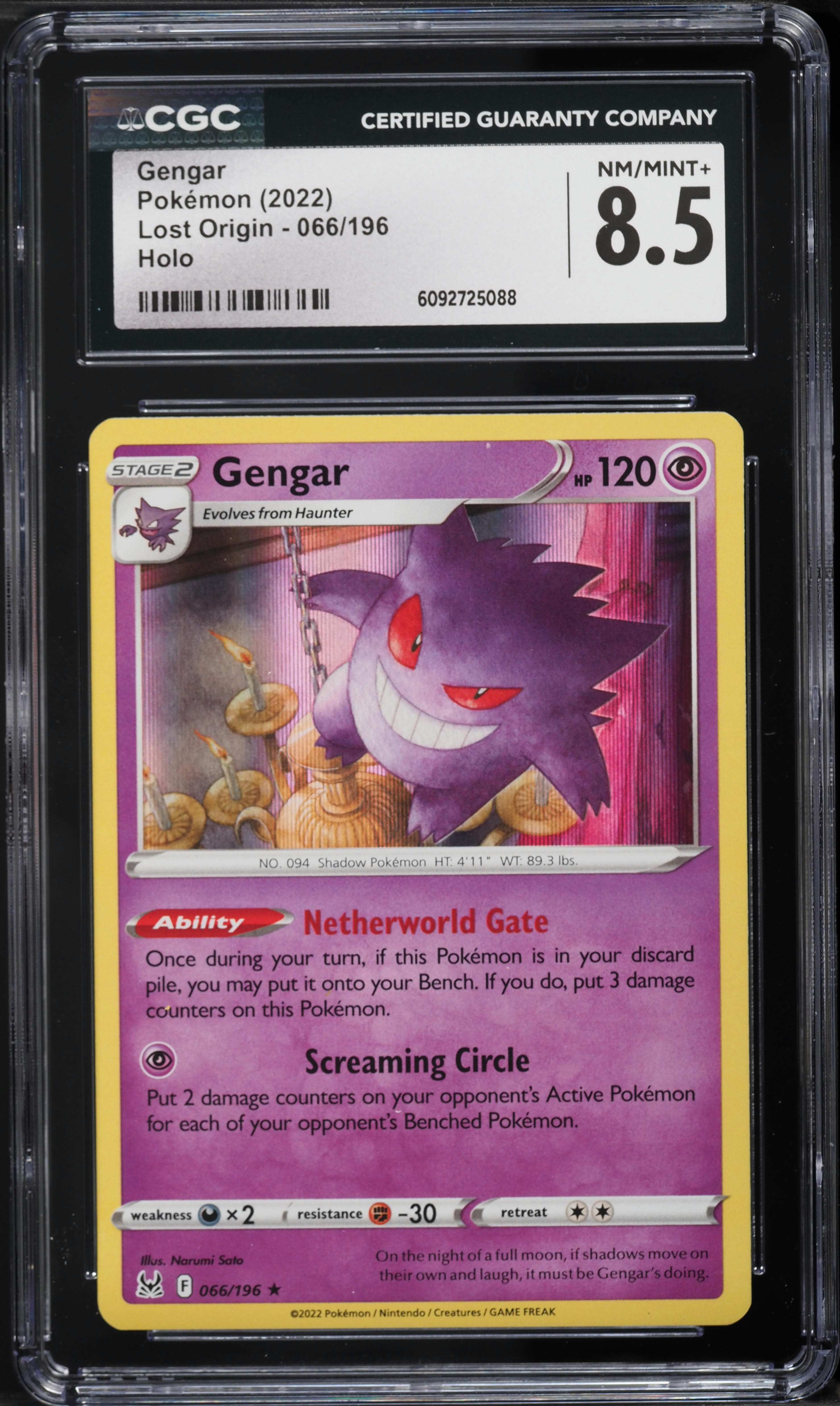 2022 Pokemon Sword & Shield Lost Origin Holo Gengar #66 CGC 8.5 NM-MT+