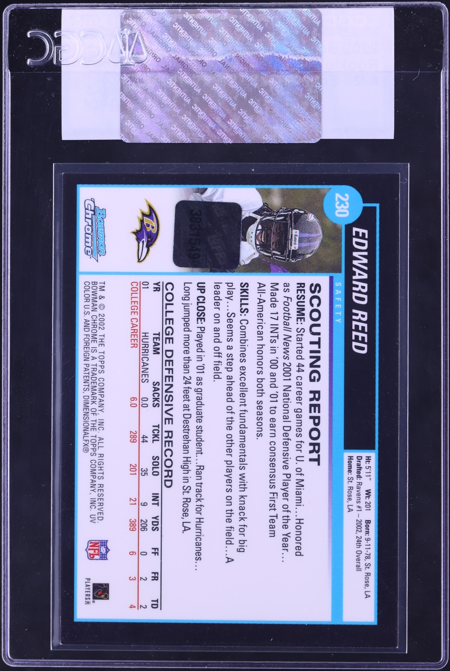 2002 Bowman Chrome Ed Reed ROOKIE AUTO #230 CGC AUTH - Photo 2