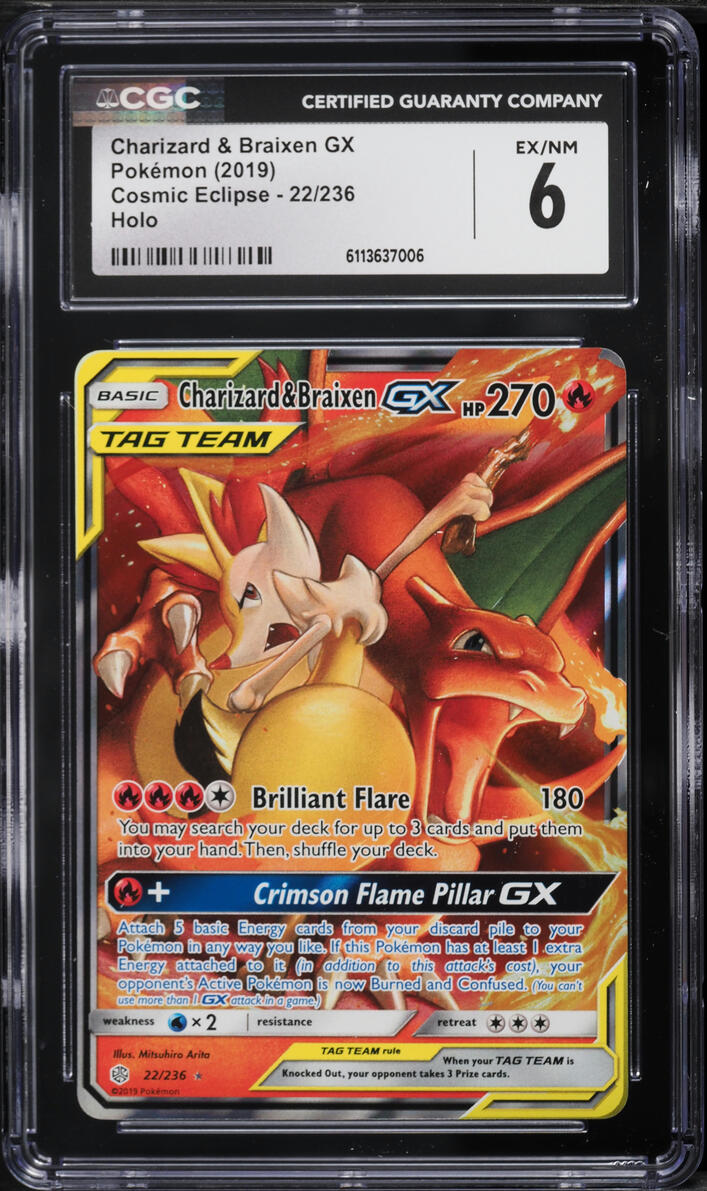 2019 Pokemon Sun & Moon Cosmic Eclipse Holo Charizard & Braixen GX #22 CGC 6 EXMT
