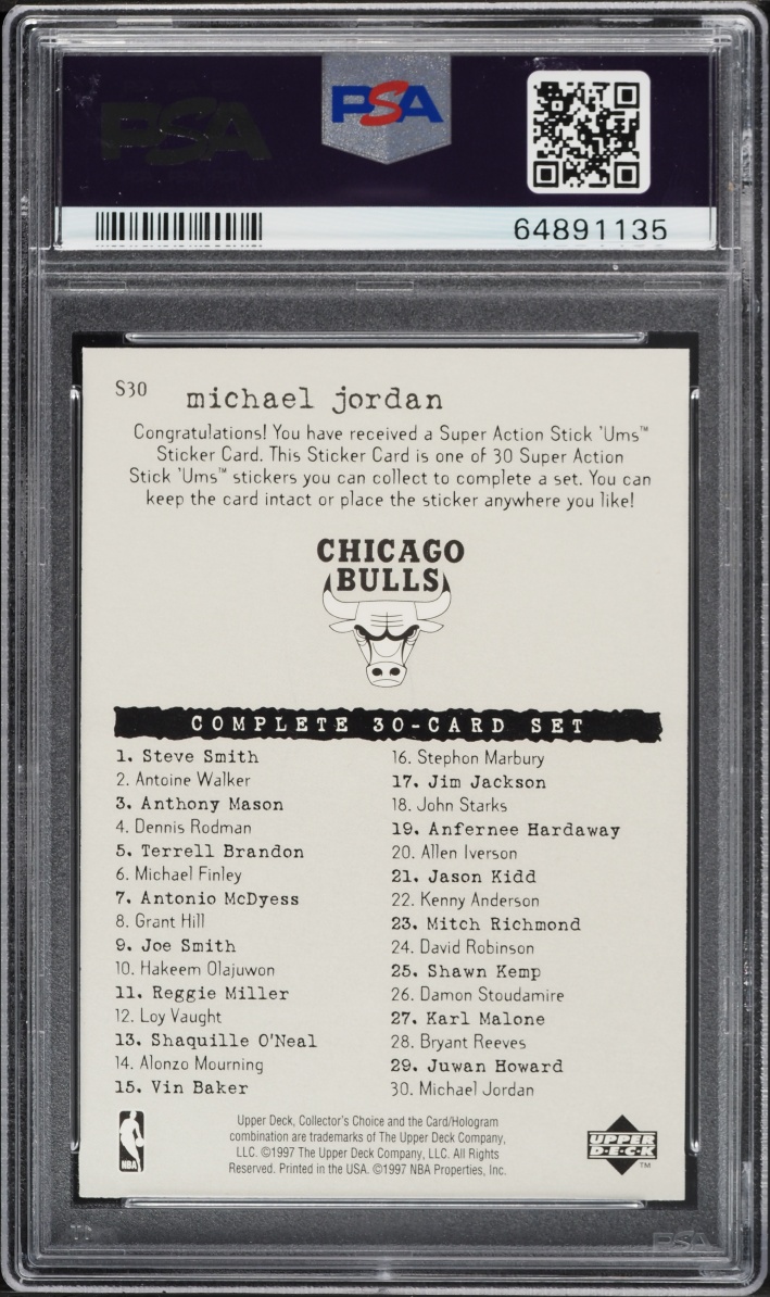 1997 Collector's Choice Stick-Ums Michael Jordan #S30 PSA 10 GEM MINT