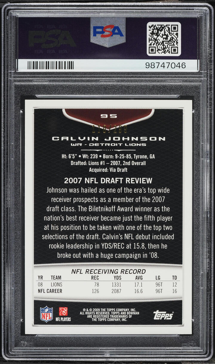 2009 Bowman Draft White Calvin Johnson /299 #95 PSA 10 GEM MINT
