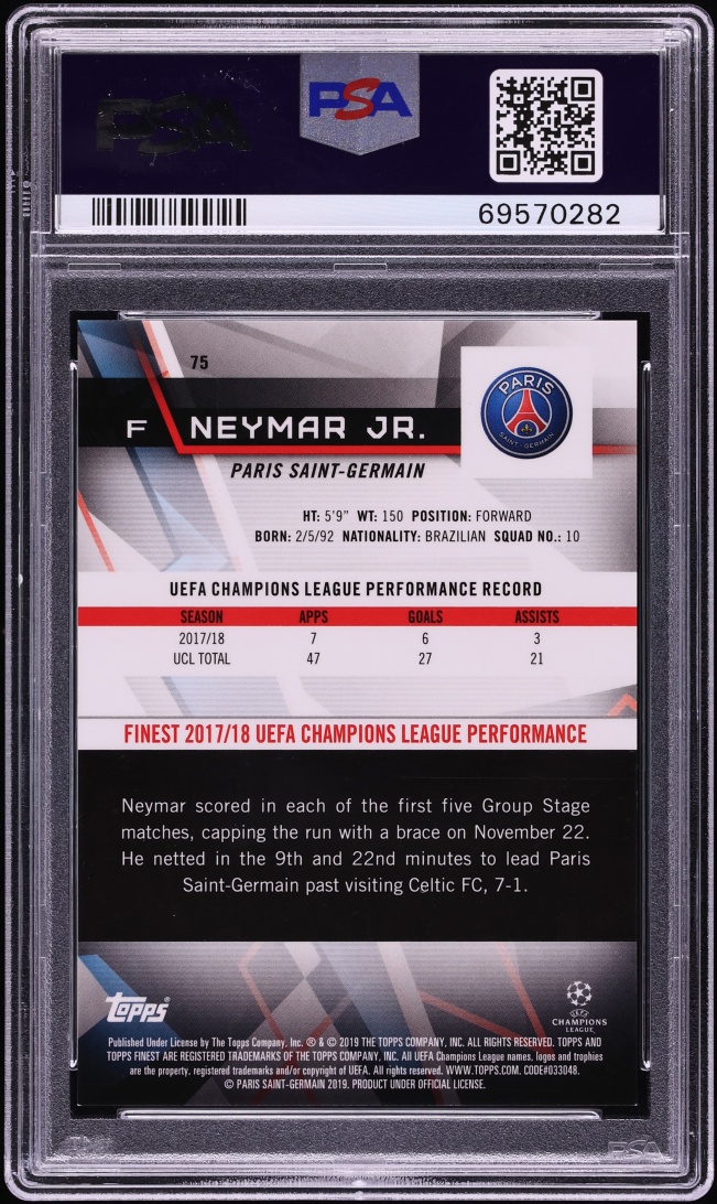 2018 Finest UEFA Champions League Orange Refractor Neymar Jr. /25 #75 PSA 9 MINT