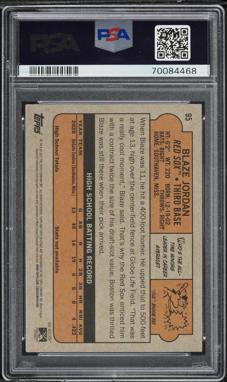 2021 Topps Heritage Minor League Variation Blaze Jordan PROSPECT #95 PSA 9 MINT