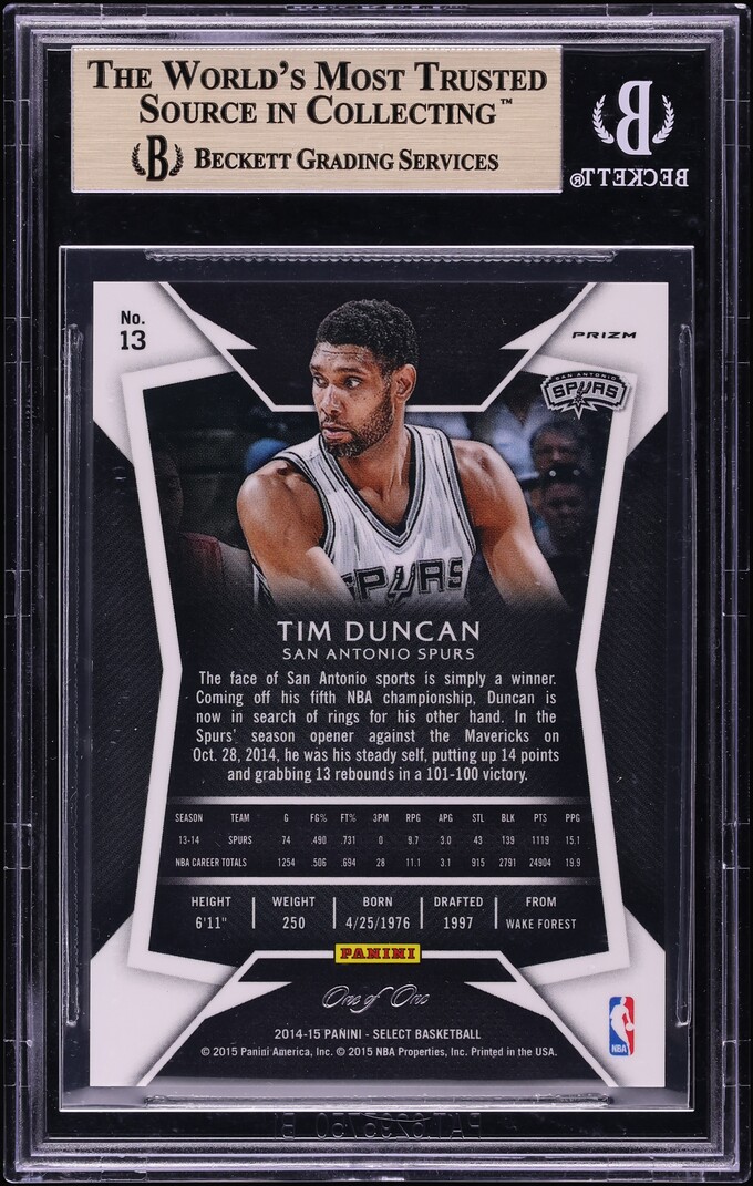 2014 Select Black Prizm Tim Duncan 1/1 #13 BGS 9.5 GEM MINT - Photo 2