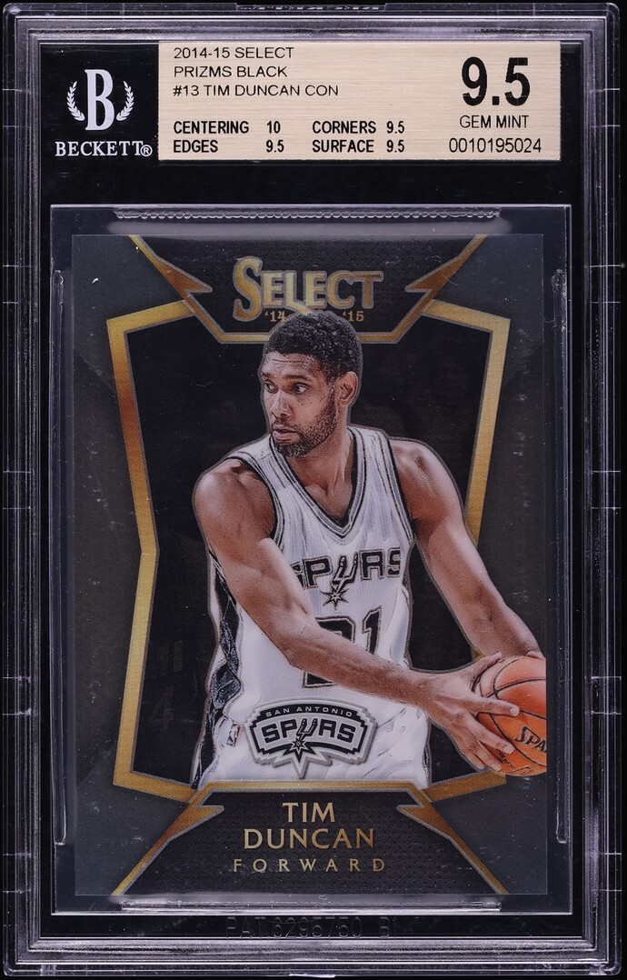 2014 Select Black Prizm Tim Duncan 1/1 #13 BGS 9.5 GEM MINT - Photo 1
